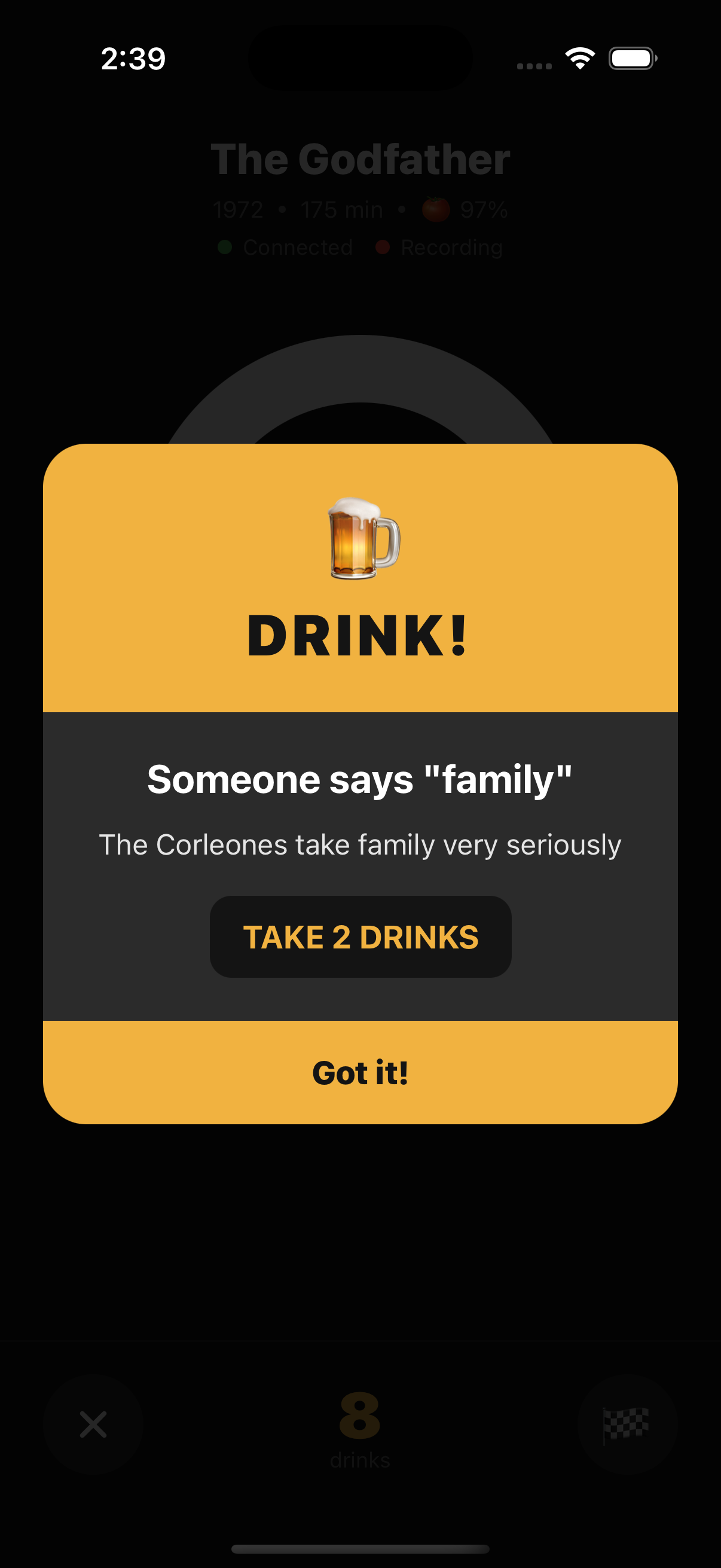 Sipalong app showing a drinking game in action